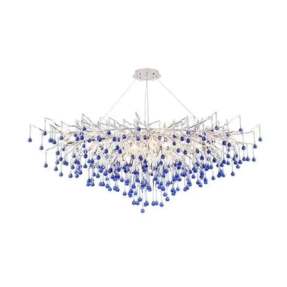 Modern blue crystal led pendant light with chrome finish and cascading blue glass beads for living room decorbites blue crystal