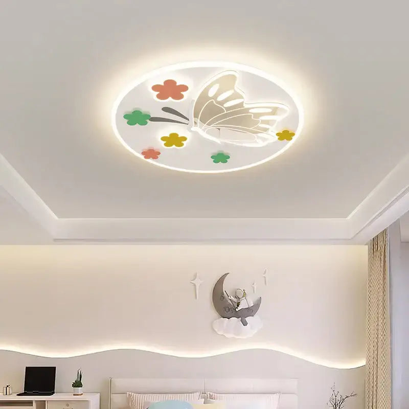 Modern blue decorbites cloud airplane chandelier featuring a circular ceiling light with glowing frame and butterfly floral design