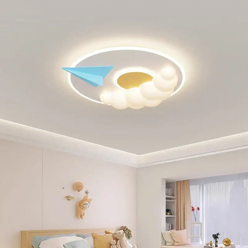 Modern blue decorbites cloud airplane chandelier with soft white segments and glowing golden center for bedroom lighting