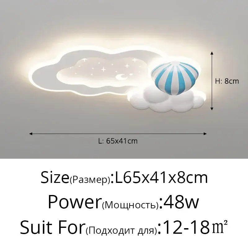 Modern blue decorbites cloud airplane chandelier featuring a whimsical cloud light with stars moon and striped balloon