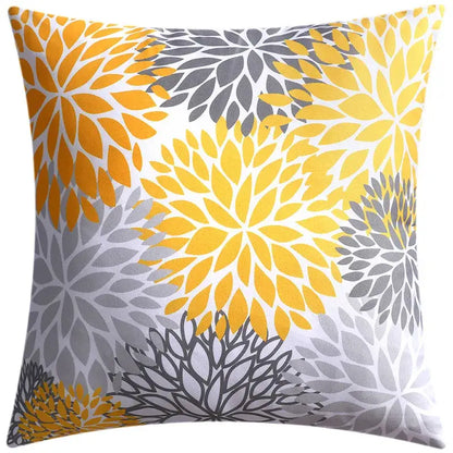 Modern blue floral cushion cover featuring a bold yellow and gray floral pattern on white for living room decorbites decor