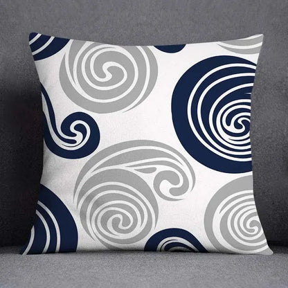 Square throw pillow with modern blue geometric floral design featuring swirling navy blue and gray circles on white background