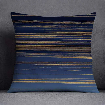 Modern blue geometric floral design pillowcase with navy blue fabric and horizontal gold foil streaks for living room decor