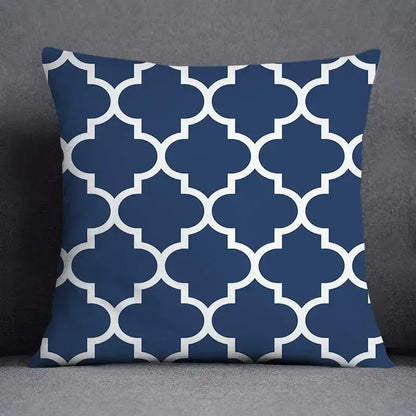 Navy blue throw pillow with white geometric floral design pattern for modern living room cushion decor