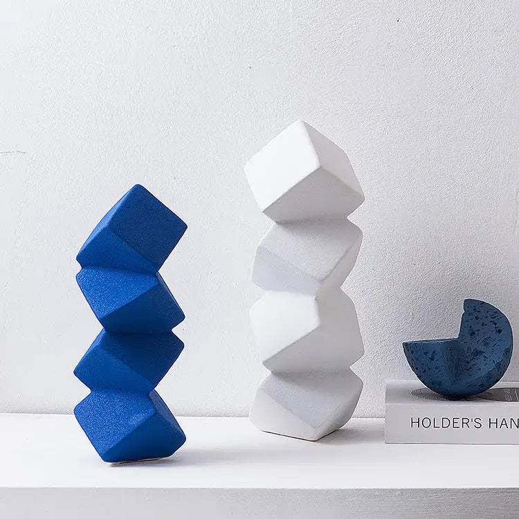 Modern blue ceramic sculpture stack of faceted geometric square cubes for living room decorbites geometric square decor
