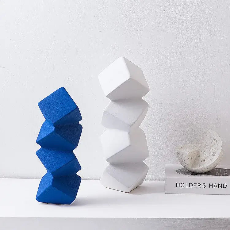 Modern blue ceramic geometric square sculpture stack with angular facets for living room decorbites geometric square decor