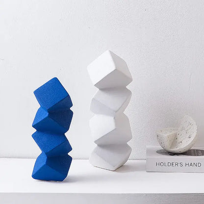 Modern blue ceramic geometric square sculpture stack with angular facets for living room decorbites geometric square decor