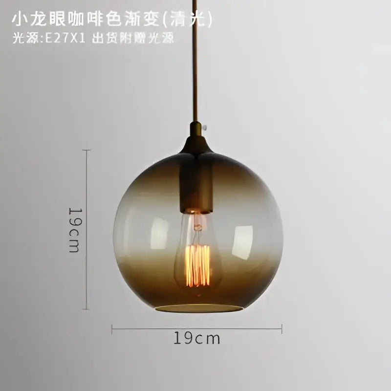 Modern blue glass led pendant lamp featuring a spherical coffee gradient glass led pendant with brass fixture for dining room