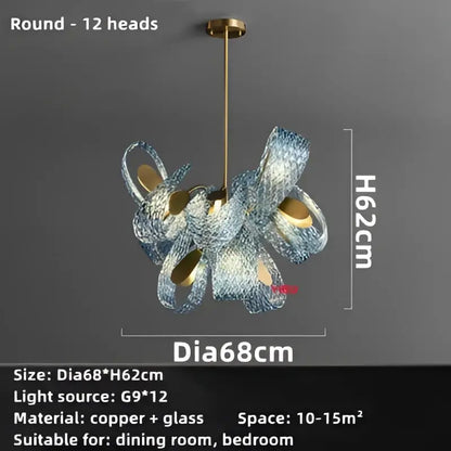 Modern blue glass led pendant lamp with 12 round light heads copper frame and decorbites blue glass accents for dining room