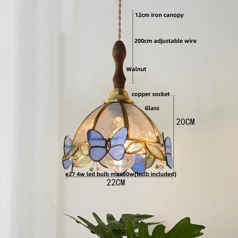 Modern blue and gold butterfly glass led pendant light with decorbites butterfly glass and walnut finial for kitchen decor