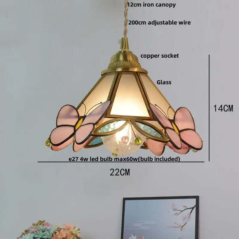 Modern blue and gold butterfly glass led pendant light with delicate pink and green stained glass decorbites butterfly glass design