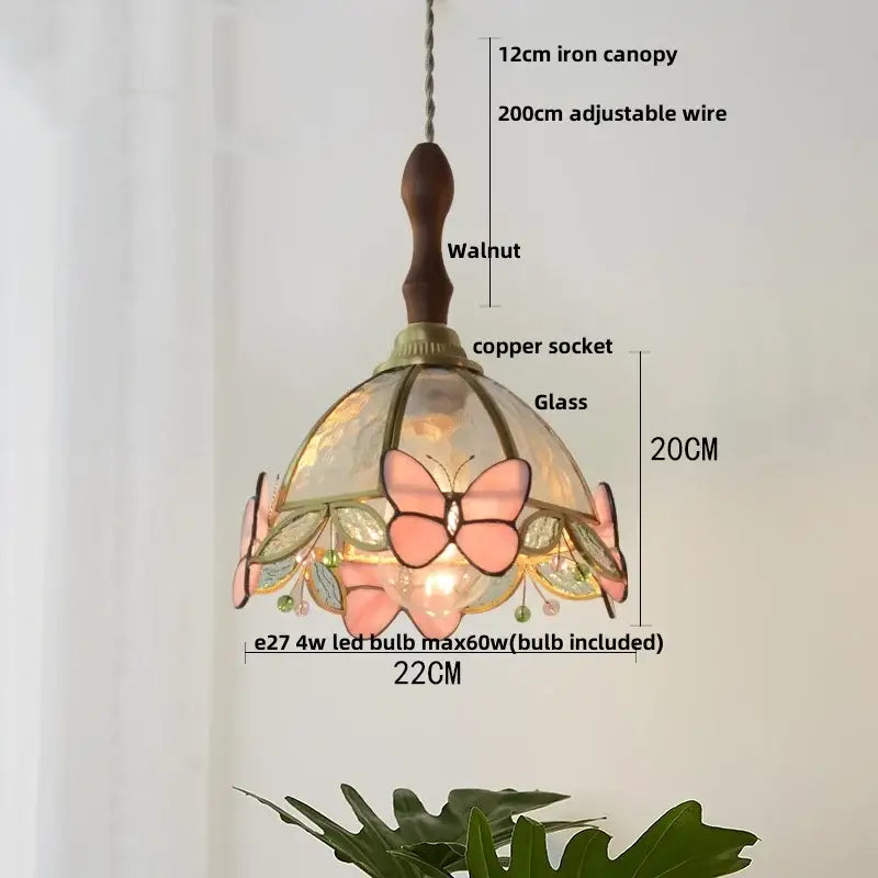 Modern blue and gold butterfly glass led pendant light with delicate pink butterfly-themed stained glass and walnut iron canopy