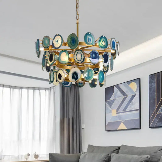Modern blue and green decorbites agate chandelier with gold metal frame featuring colorful led lighting for dining room decor
