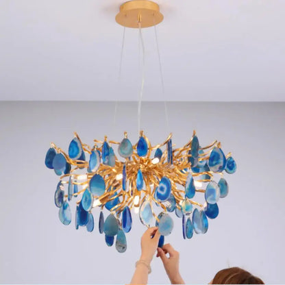 Modern decorbites agate chandelier with golden branches and translucent blue agate slices for colorful led lighting
