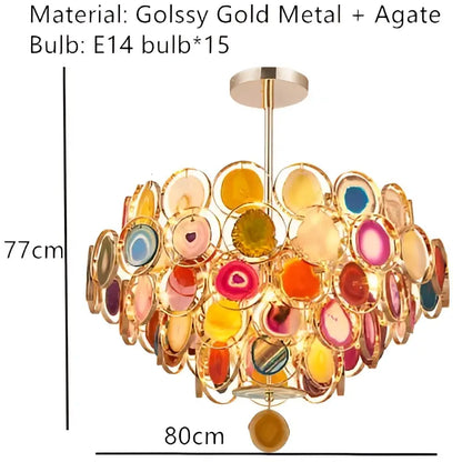 Modern blue and green decorbites agate chandelier with colorful led lighting in gold metal frames for dining room decor