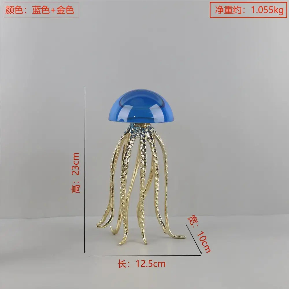 Modern blue and green decorbites crystal jellyfish sculpture with translucent dome and gold-toned textured tentacles for living room decor