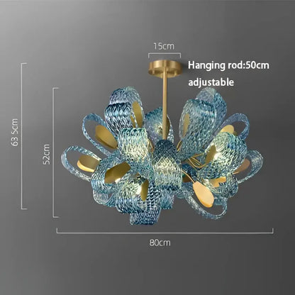 Modern blue and green decorbites glass chandelier with gold-toned metal and flower design for dining room lighting