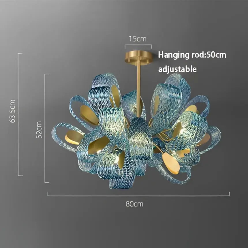 Modern blue and green decorbites glass chandelier with gold-toned metal and flower design for dining room lighting