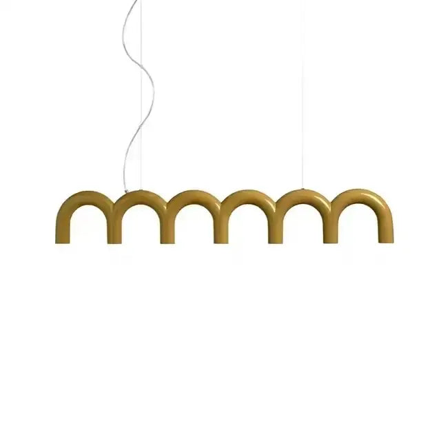 Modern blue metal arch chandelier featuring a gold-colored sleek arched pendant light with a metal arch design