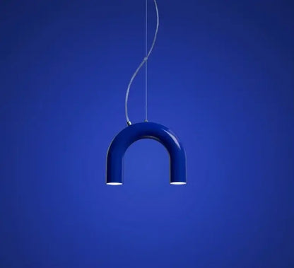 Modern blue metal arch chandelier with sleek curved design and illuminated ends for kitchen pendant light decorbites blue metal