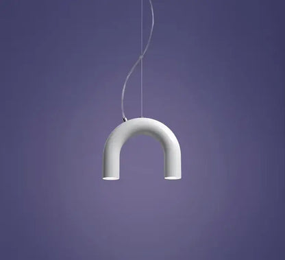 Modern blue metal arch chandelier featuring a white u-shaped pendant light with a sleek matte finish decorbites blue metal