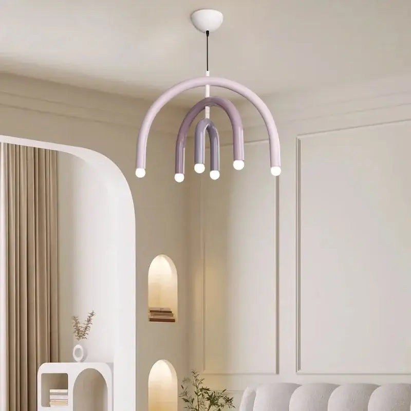 Pastel purple arched pendant light with multiple curved arms and integrated led bulbs in modern dining room design