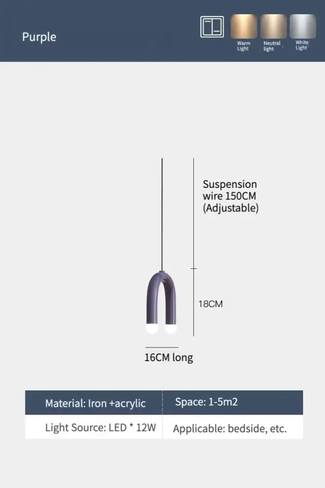 Modern design purple u-shaped pendant light with iron and acrylic construction and adjustable 150cm suspension wire