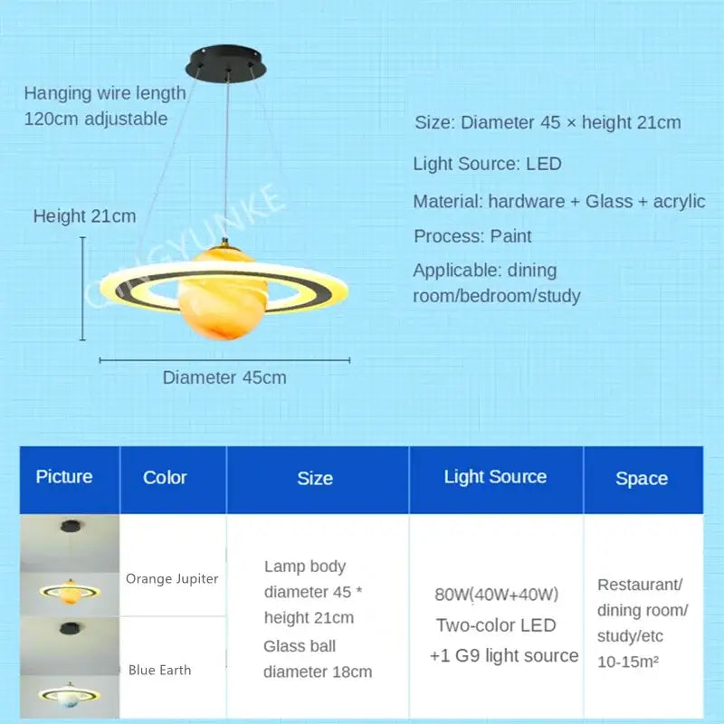 Modern blue planet pendant light with rings featuring decorbites acrylic and painted orange jupiter-themed design