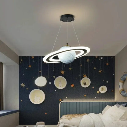 Modern blue planet pendant light with rings featuring decorbites acrylic textured sphere for bedroom decor