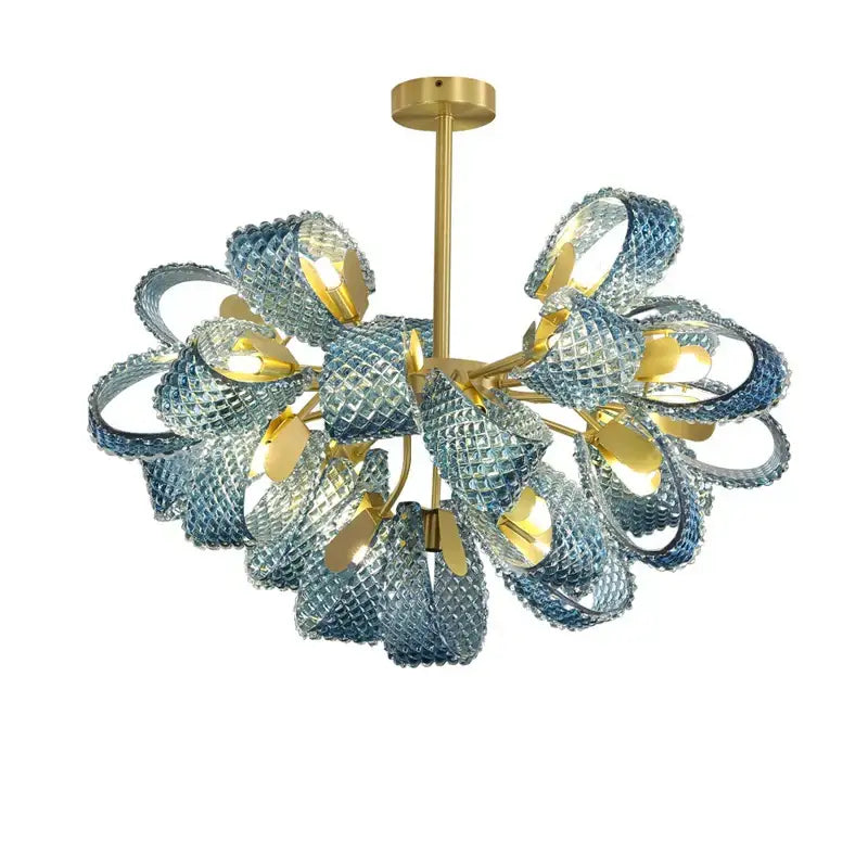 Modern blue queen crystal glass chandelier with intricate blue and clear textured petals on gold metal arms for living room decorbites blue queen