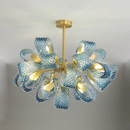 Modern blue queen crystal glass chandelier with translucent blue glass petals and polished brass fixture for living room decorbites blue queen
