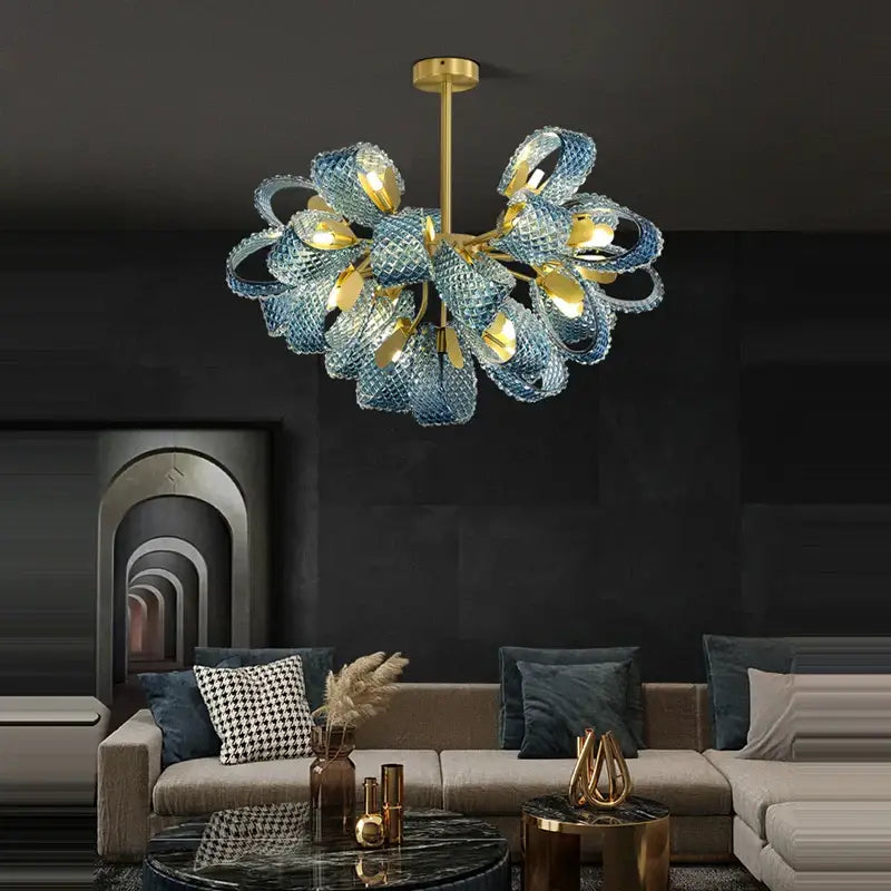 Modern blue queen crystal glass chandelier with gold accents and sculptural design for living room decorbites blue queen