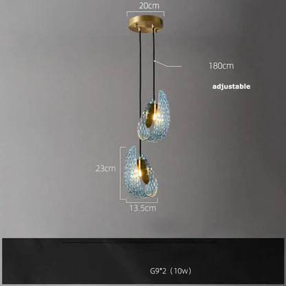 Modern blue queen crystal glass chandelier with two teardrop blue queen crystal shades and brass ceiling mount