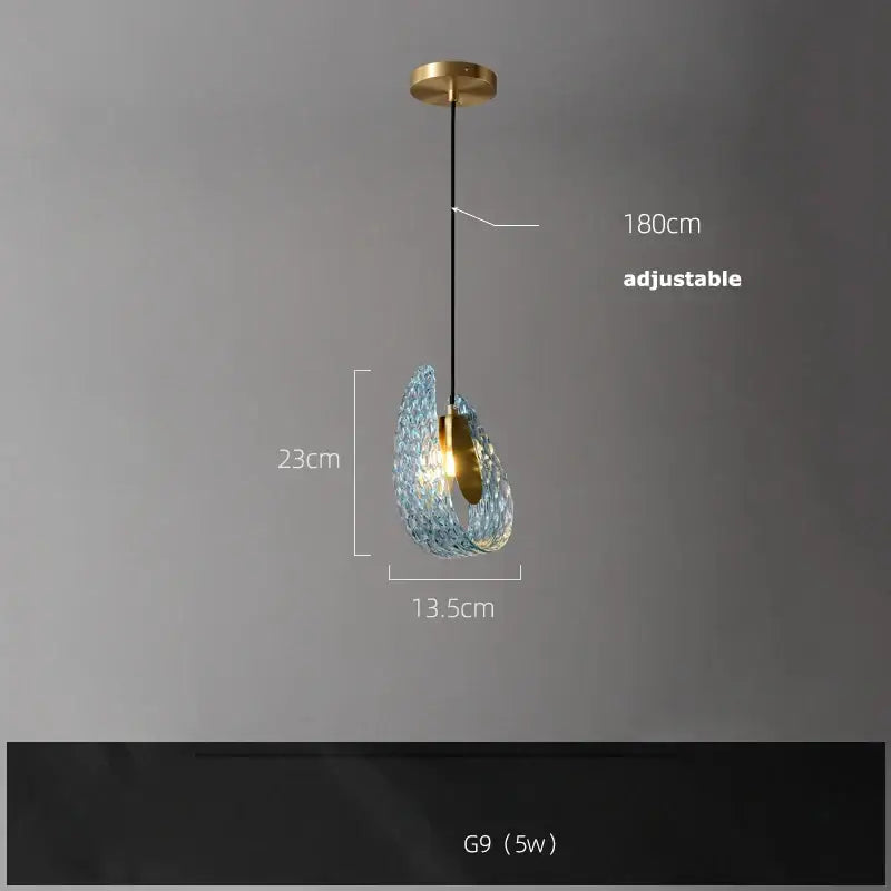 Modern blue queen crystal glass petal chandelier with delicate teardrop-shaped blue glass pendant and gold accents for bedroom decor
