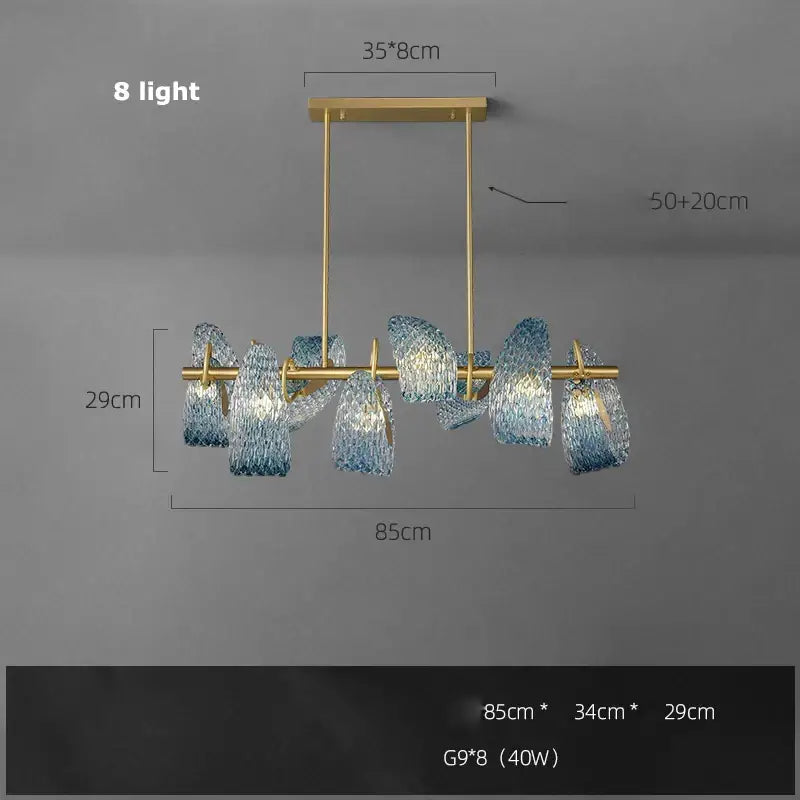 Modern blue queen crystal glass petal chandelier with eight blue and white textured shades on gold frame for bedroom decorbites blue queen