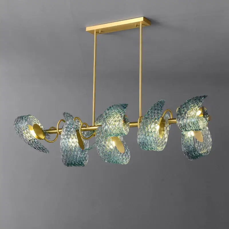 Modern blue queen crystal glass petal chandelier with five blue and green textured shades on polished brass rods for bedroom decorbites blue queen
