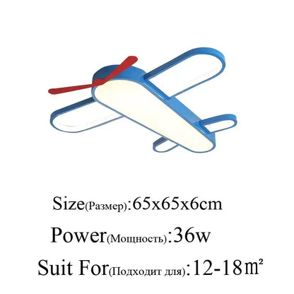 Modern blue and red airplane led lighting fixture featuring a blue airplane shaped chandelier with red propeller and white wings
