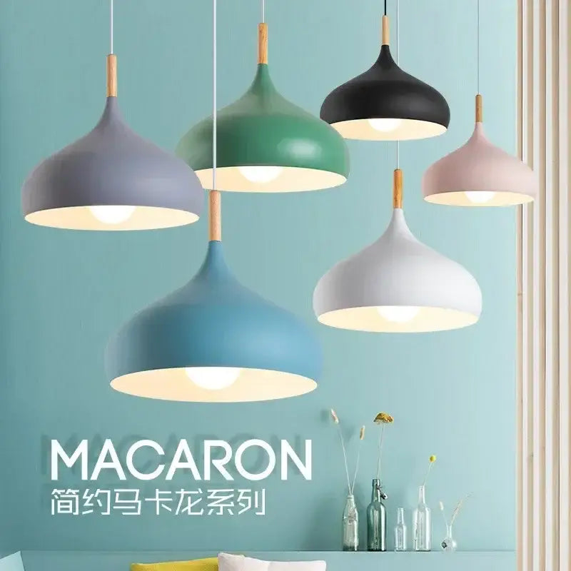 Modern blue stainless steel pendant light with pastel macaron shades matte metal finish and wooden stem for bedroom use