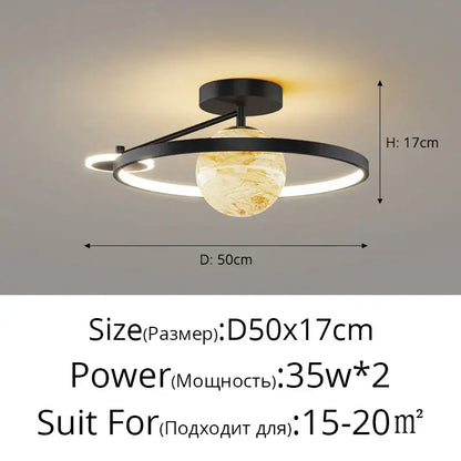 Modern black metal pendant light with marbled amber glass globe and circular led rings decorbites blue star led fixture