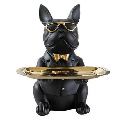 Modern blue and teal decorbites bulldog storage tray coin bank featuring black french bulldog figurine with gold sunglasses and bow tie