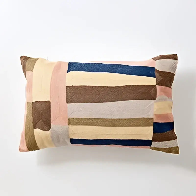 Rectangular cushion cover with embroidered geometric cotton design in muted earth tones and soft pastel stripes