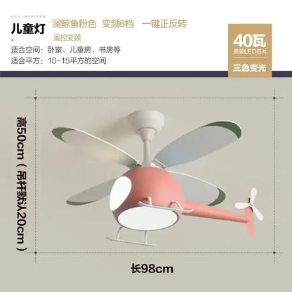 Modern blue and white helicopter ceiling fan with pastel pink blades white accents and three-color led light chandelier