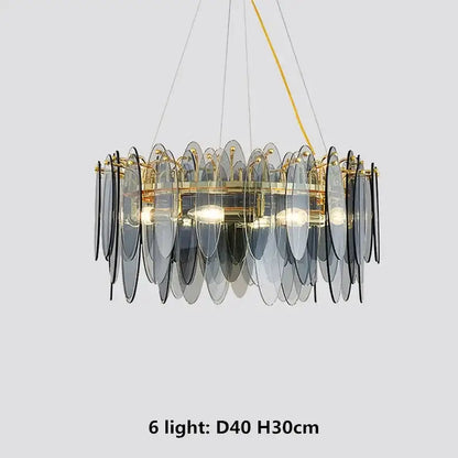 Elegant circular pendant lights with layered gray glass leaves and decorbites gold metal chain frame, six warm bulbs