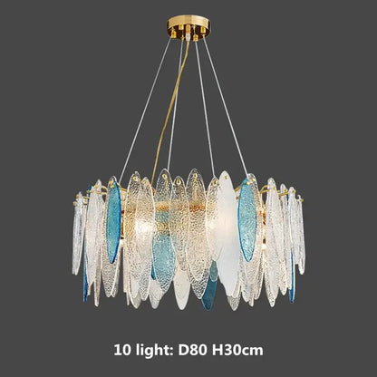 Modern blue and white leaf pendant lights with decorbites gold metal chain and translucent glass plates in gold metal frame