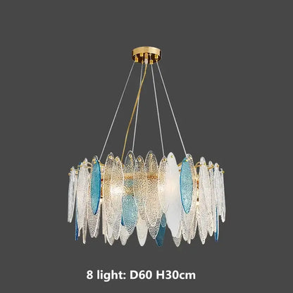 Modern pendant lights with gold metal chain featuring a gold-toned frame and blue white glass discs by decorbites gold metal