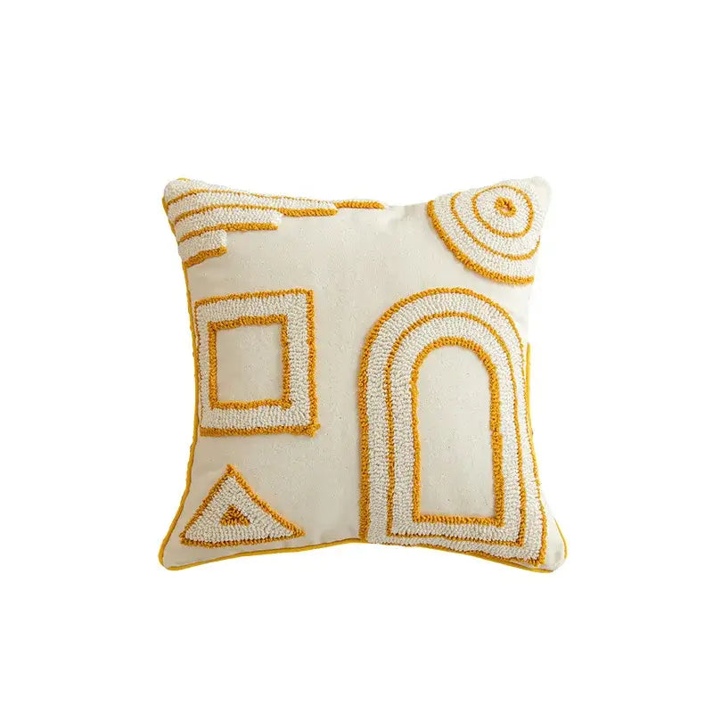 Cream-colored cushion cover with mustard-yellow geometric embroidery squares triangles and arcs decorbites golden yellow design
