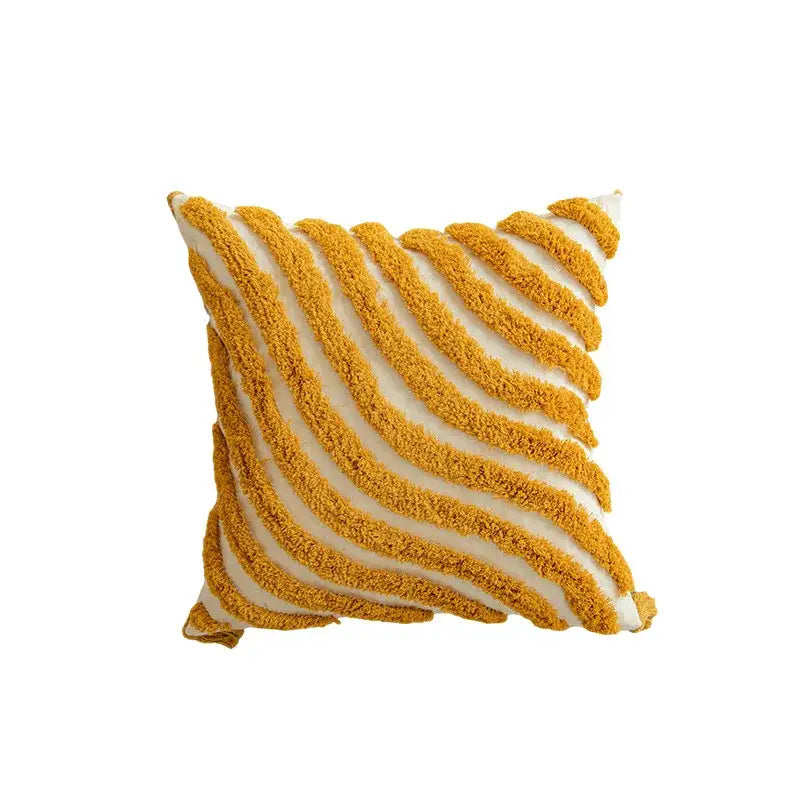 A cozy square cushion cover with bold textured golden yellow geometric stripes in plush fabric for living room decorbites