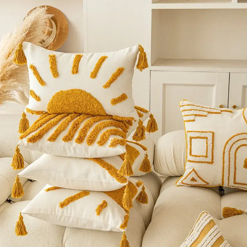 White throw pillow with decorbites golden yellow geometric sun design and matching tassels cushion cover for living room decor