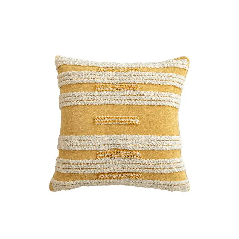 Modern boho square cushion cover in mustard yellow with cream textured stripes and subtle woven golden yellow geometric pattern