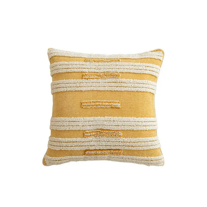 Modern boho square cushion cover in mustard yellow with cream textured stripes and subtle woven golden yellow geometric pattern